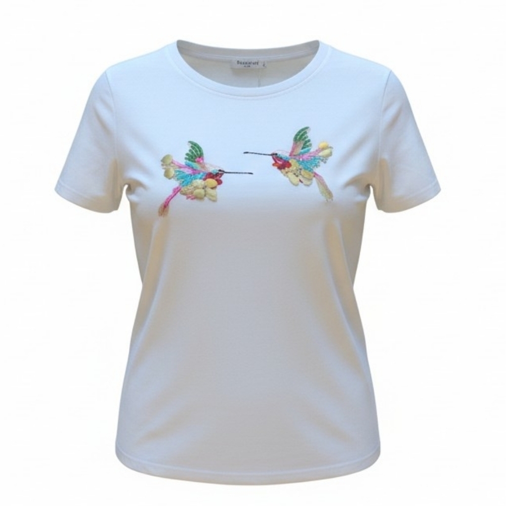 Women’s White Short Sleeve Tee with Colorful Hummingbird Embellishment